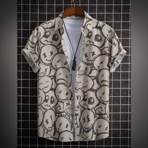 ROMWE Graphic Short Sleeve Button Down Shirt - Mens Size Large - White Gray
